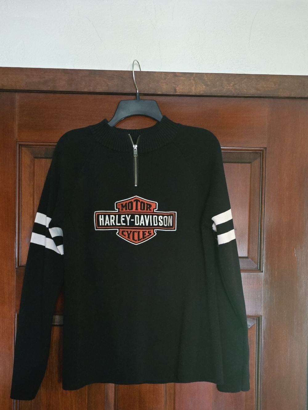 Harley-Davidson Black Pullover with White Sleeve Stripes and Orange Logo